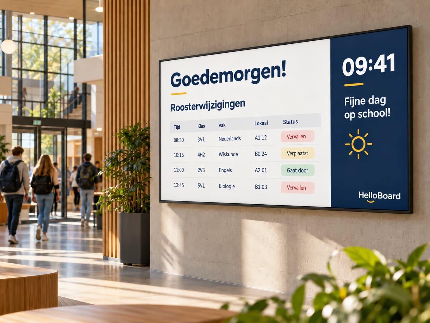 Voorbeeldweergave van een HelloBoard informatiescherm met roosterwijzigingen in een lichte schoolentree